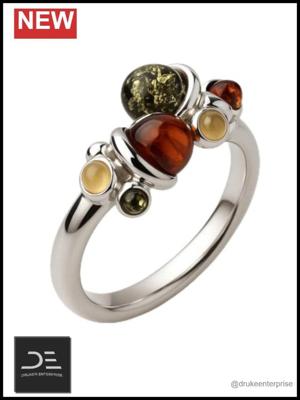 Multicolor Amber Sterling Silver Adjustable Designer Ring